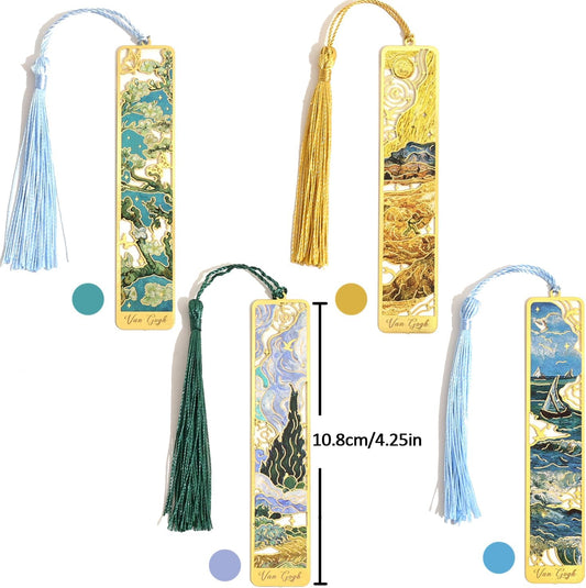 4 Pieces Metal Bookmarks with Tassel, Golden Hollow Bookmark Oil Painting Theme Book Mark Bookmarks for Book Lovers Writers Readers Children Teens for Women Adults Teen