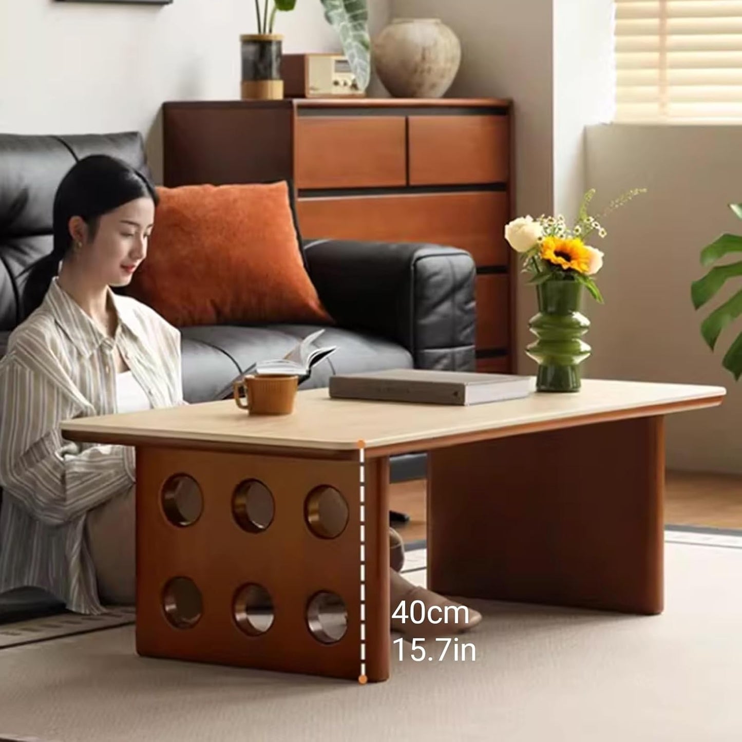 Modern rectangular Abstract Coffee Table Vintage-style solid wood Accent Low table with Slate tabletop Center Marble Living Room Table legs with creative round holes(100*50*40cm/39.4*19.7*15.7in)