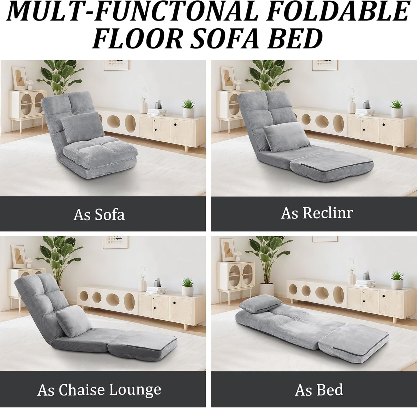 Indoor Chaise Lounge Sofa, Floor Chair with Back Support for Adults, 14 Angle Adjustment Recliner Chair, Folding Floor Lounger with Pillow (Grey)