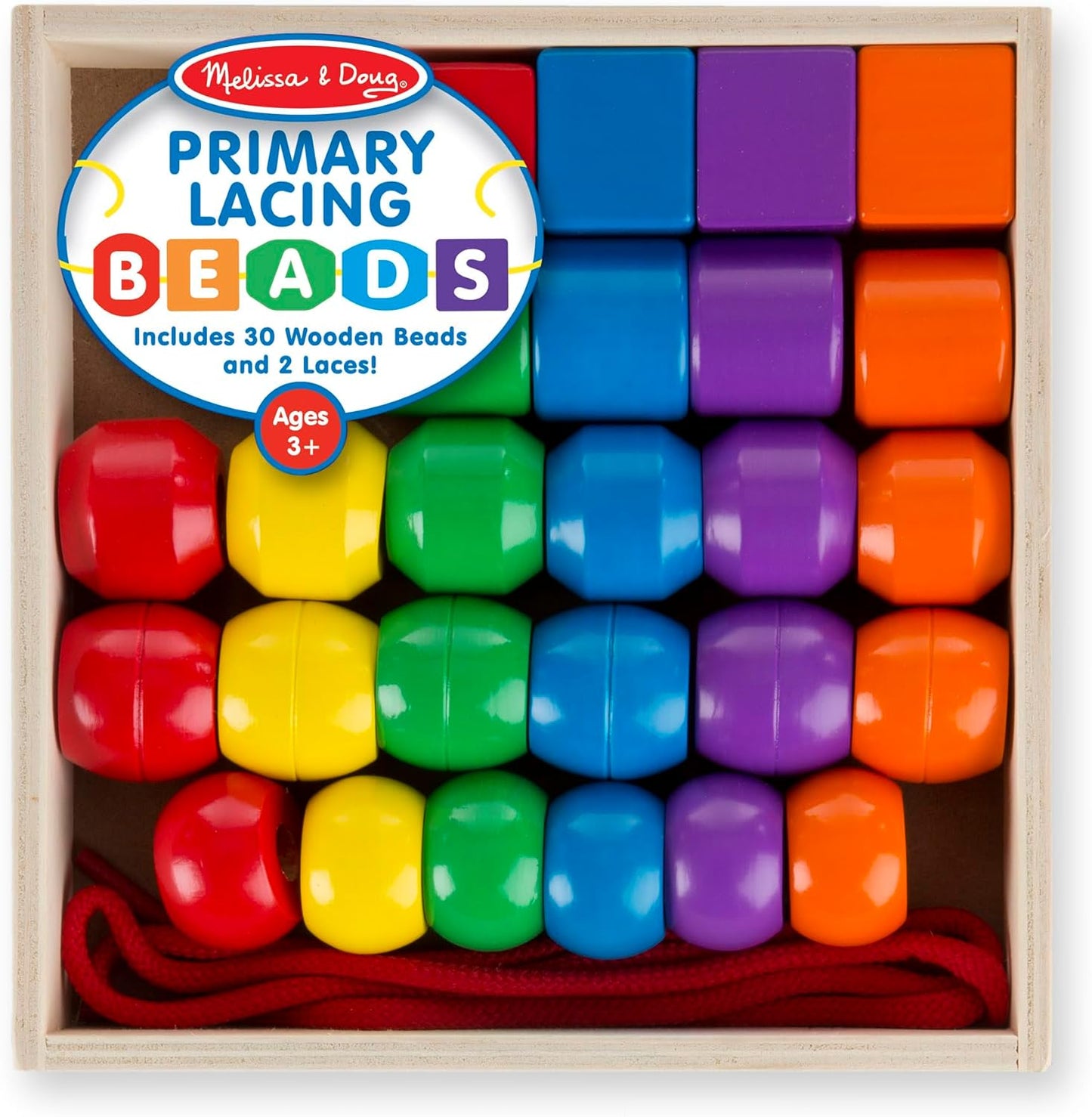 Melissa & Doug Primary Lacing Beads - Educational Toy with 30 Wooden Beads and 2 Laces for Toddlers, Fine Motor Skills Lacing Toys for Toddlers and Kids Ages 3+