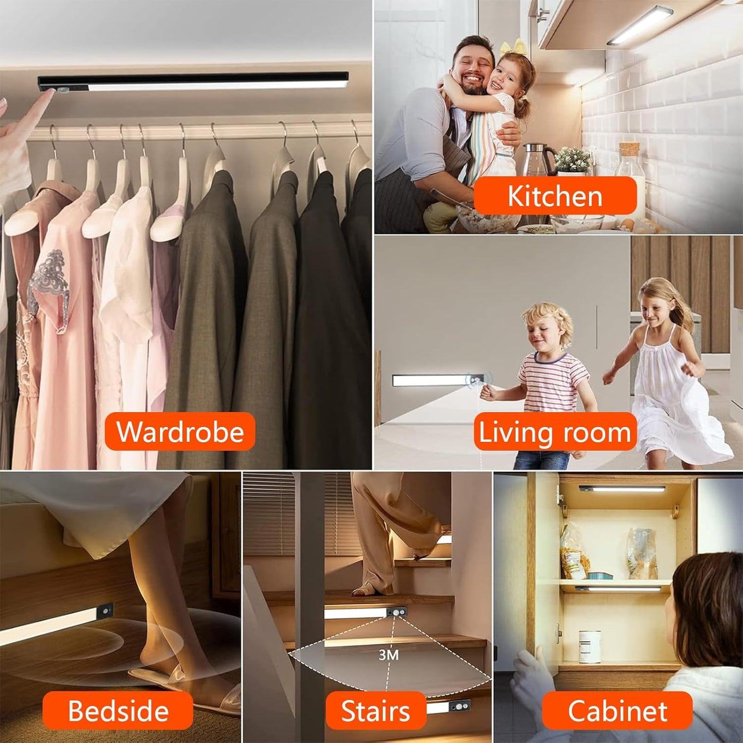 Under Cabinet Lights, Motion Sensor Lights Indoor, Rechargeable Under Counter Lighting, Wireless Magnetic Closet Lights, 3 Color Temperatures, for Kitchen, Wardrobe, Closets, Cupboard(Black)