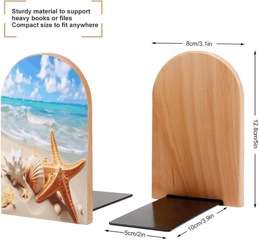 Starfish Seashell Ocean Beach Bookends 1 Pair Heavy Duty Book Ends for Shelves Non-Skid Bookend Supports Wooden Book Holders with Metal Base Desk Organizers Books Storage to Hold Books