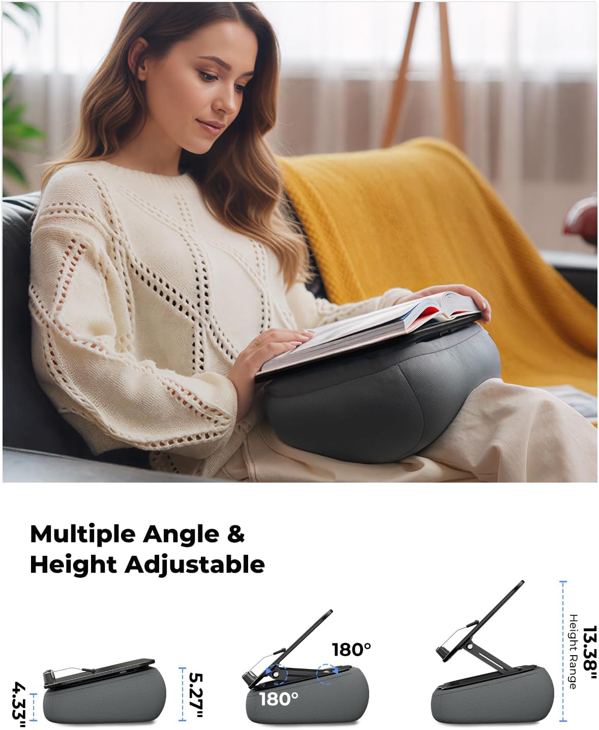 Viozon Lap Book Pillow Stand with Storage, Adjustable Beanbag Reading Pillow with Dark Wood Panel, Multi-Angle Book Holder for Hands-Free Reading in Bed or Sofa,Book Lover Essential,Soft Cushion, B