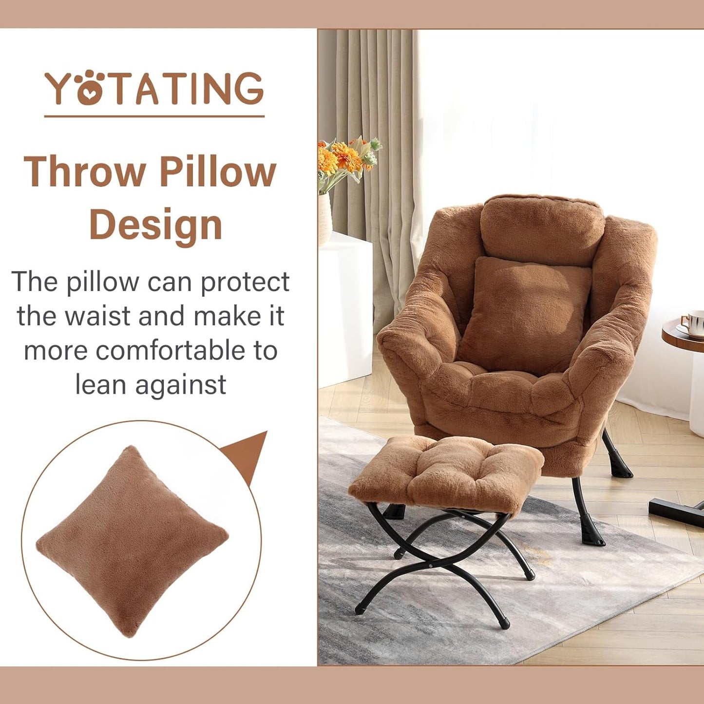 Lazy Chair with Ottoman, Comfy Reading Lounge Chair with Footstool & Throw Pillow Modern with Armrests & Side Pocket for Living Room, Bedroom, Dorm Room, Plush Brown