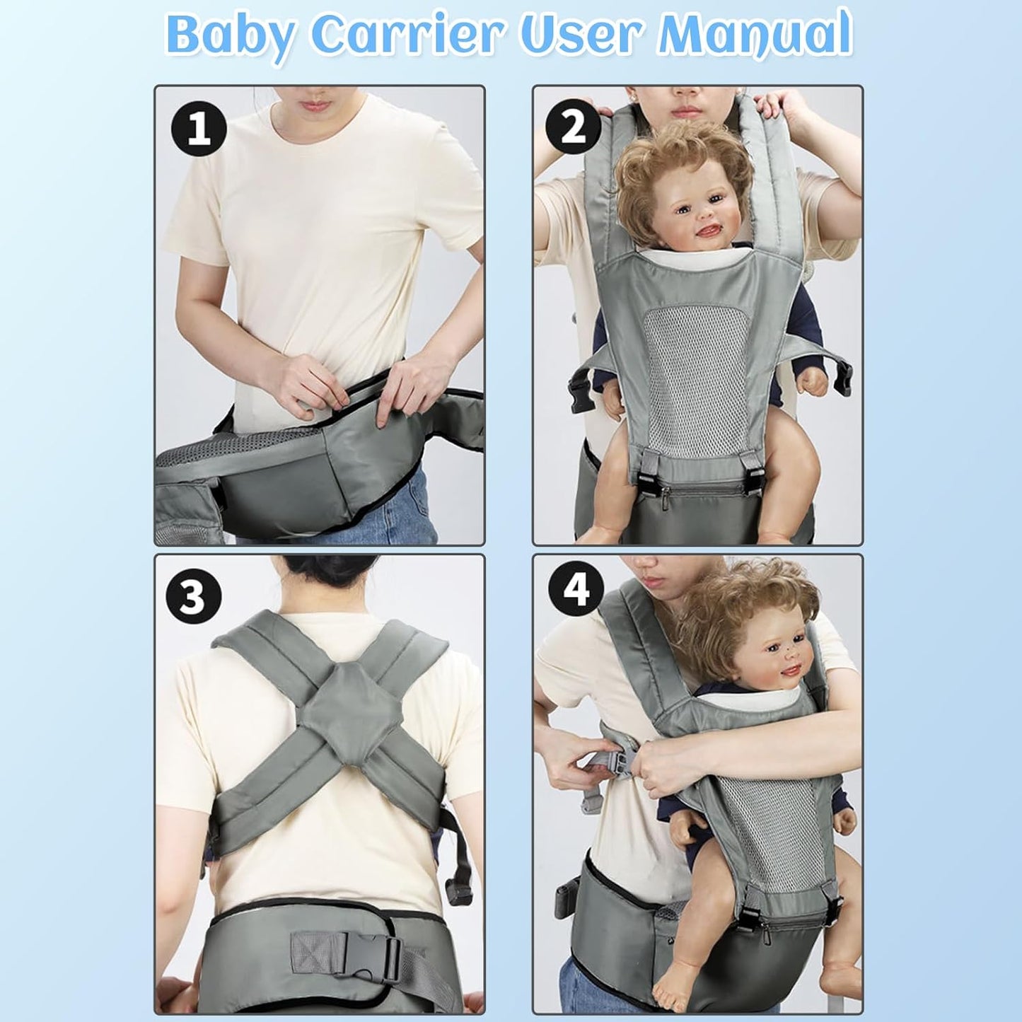 Baby Carrier with Hip Seat,Safety-Certified 2-in-1 Baby Carrier Newborn to Toddler, Adjustable Detachable Infant Hip Seat for Baby 44lbs, Comfortable Lightweight, Baby Bibs for Boys and Girls, Gray