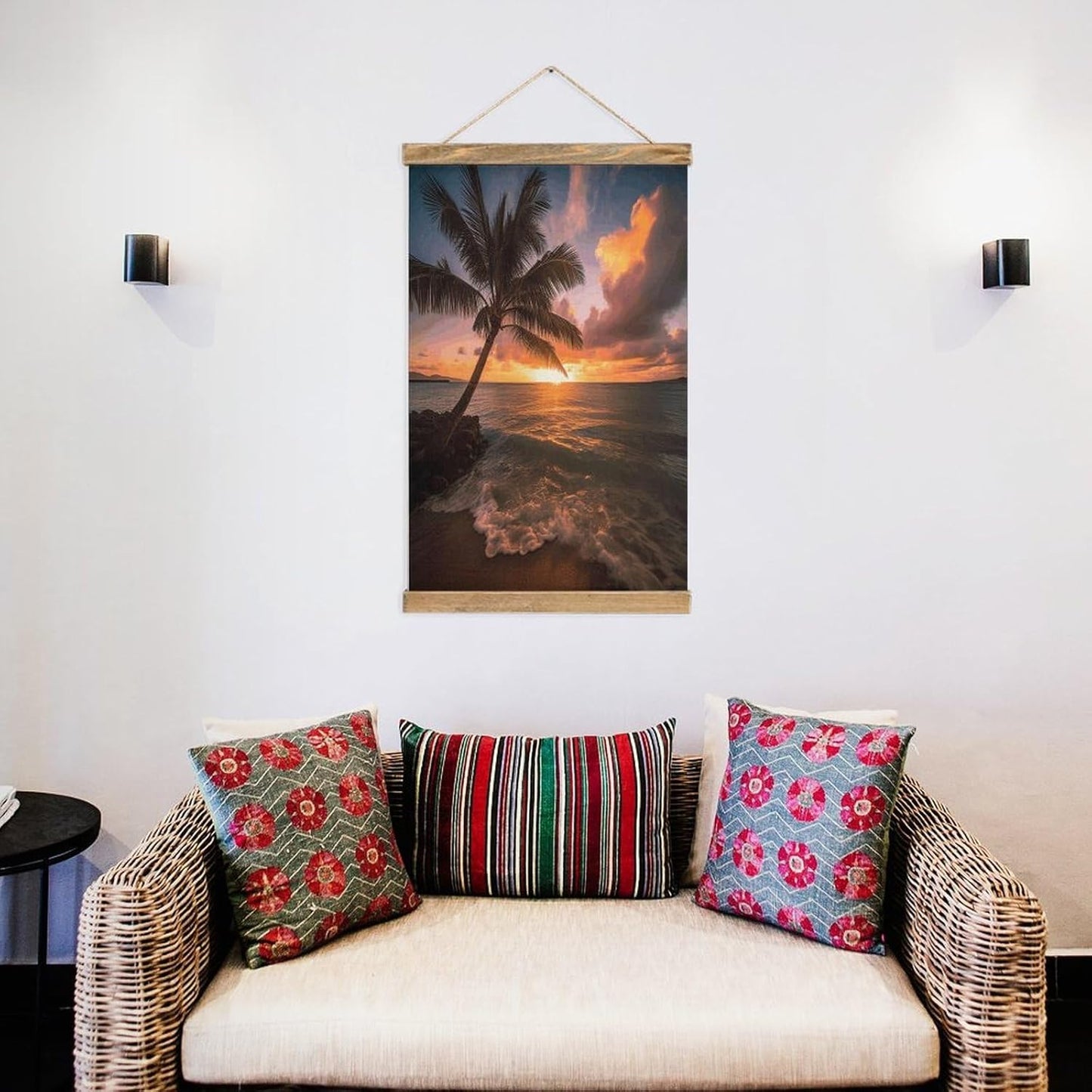 Vintage Palm Tree Sunset Beach Poster with Wooden Frame Personalized Linen Hanging Scroll Painting Rustic Wall Hanging Illustrative Modern Artwork Decor for Home Living Room Bedroom Office