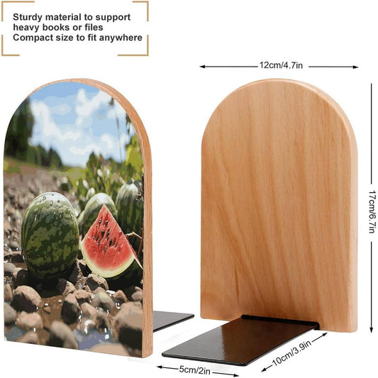 Watermelon on The Ground Wooden Bookend Non-Slip Book Ends Heavy Duty Book Stopper with Metal Base Books Holderd Decorative Bookends Stands Firmly for Office Supplies