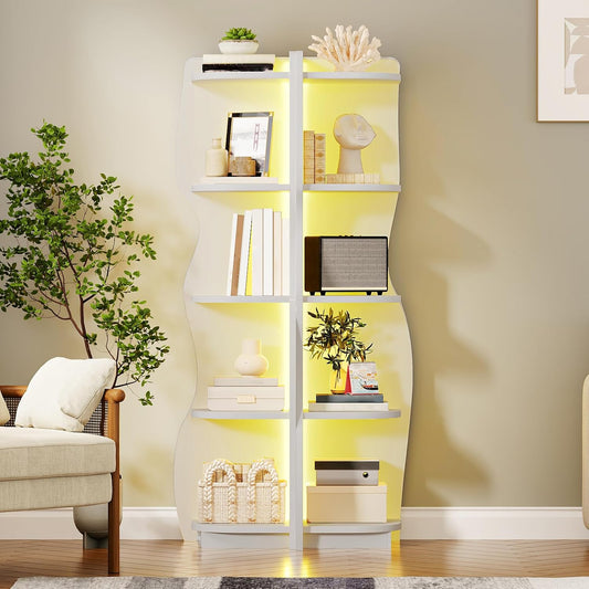HOOBRO Corner Shelf with Light, 5-Tier Modern Corner Bookshelf, Stylish Display Bookcase,Wooden Open Book Shelf Storage Rack for Small Spaces, Living Room, Home Office, White WT67DCJ01