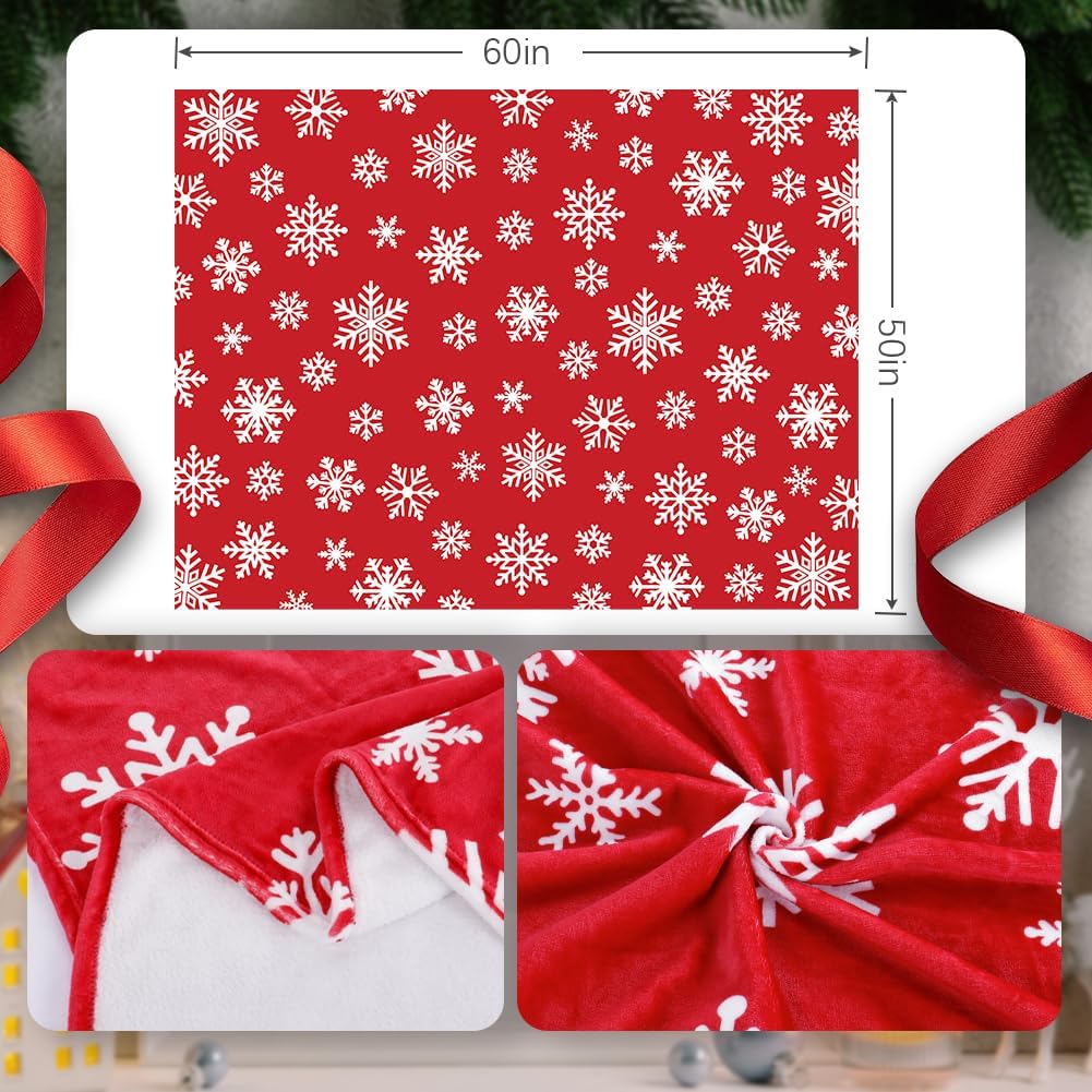 Christmas Red Throw Blanket White Snowflake Throw Blanket Xmas Winter Holiday Cozy Fuzzy Plush Throw Blankets Super Soft Lightweight Throw Blankets for Women Men 50" X 60"