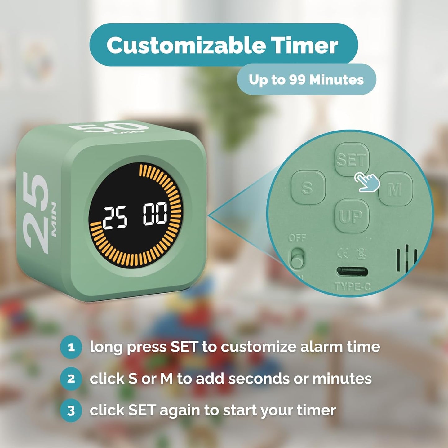 KADAMS Visual Timer for Kids - Pomodoro Timer Cube 5/10/25/50 Min Rotating Visual Countdown Time Management Tool for Toddler Focus ADHD School Classroom Study Homework Productivity - Green