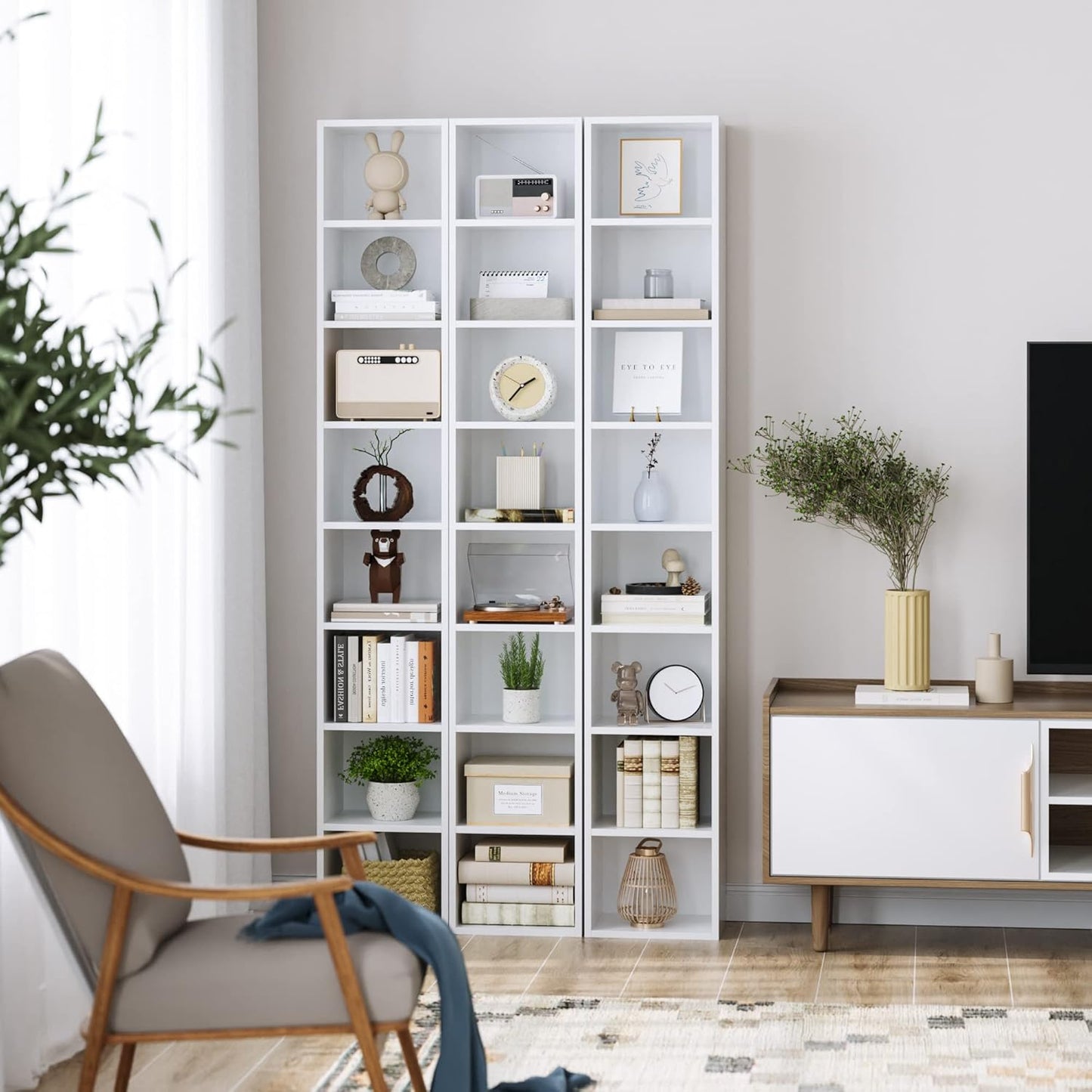 FOTOSOK White Bookshelf 8-Tier Media Tower Rack, 11.6 X 9.3 X 70.9 Inches CD DVD Slim Storage Cabinet with Adjustable Shelves, Tall Narrow Bookcase Display Bookshelf for Home Office, White