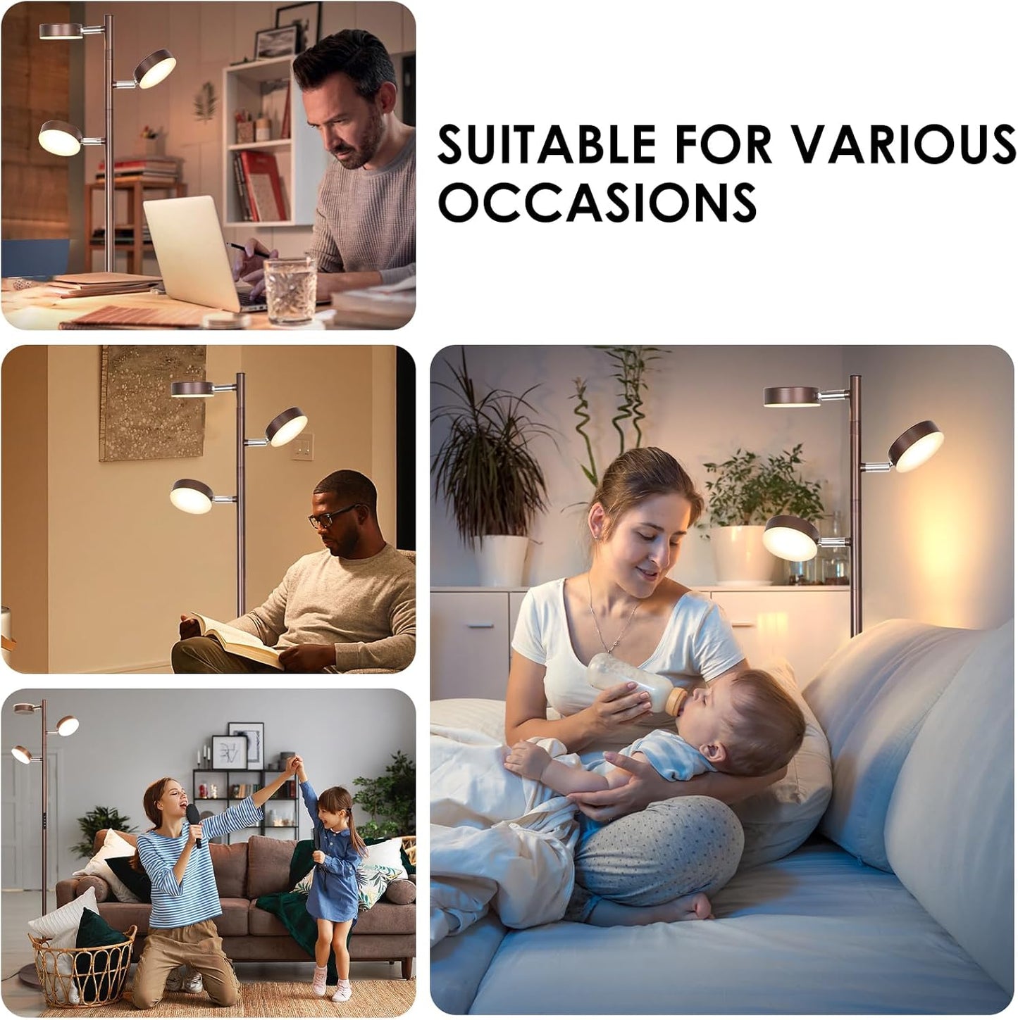 Dimmable LED Floor Lamp with Remote Modern Tall Standing Lamp with 3 Adjustable Heads Light Touch Control 4 Color Temperatures Timer Tree Floor Lamps for Living Room Bedroom Office Reading, Brown