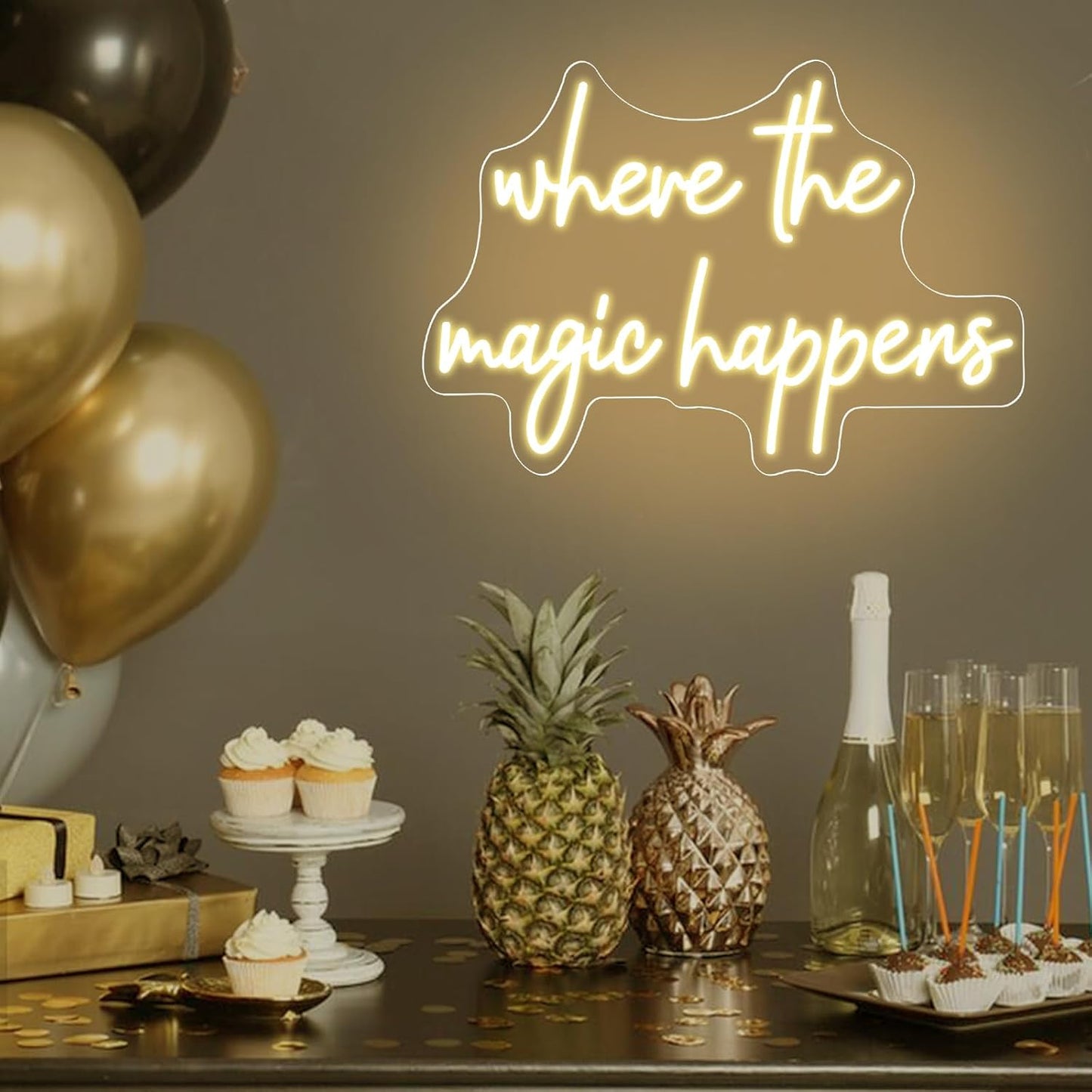 Where The Magic Happens Neon Sign Led Light Up Signs for Wall Decor USB Powered Letter Neon Light Signs for Bedroom Wedding Decor Birthday Party Shop Bar Man Cave 16 x 9.6''(Warm White)