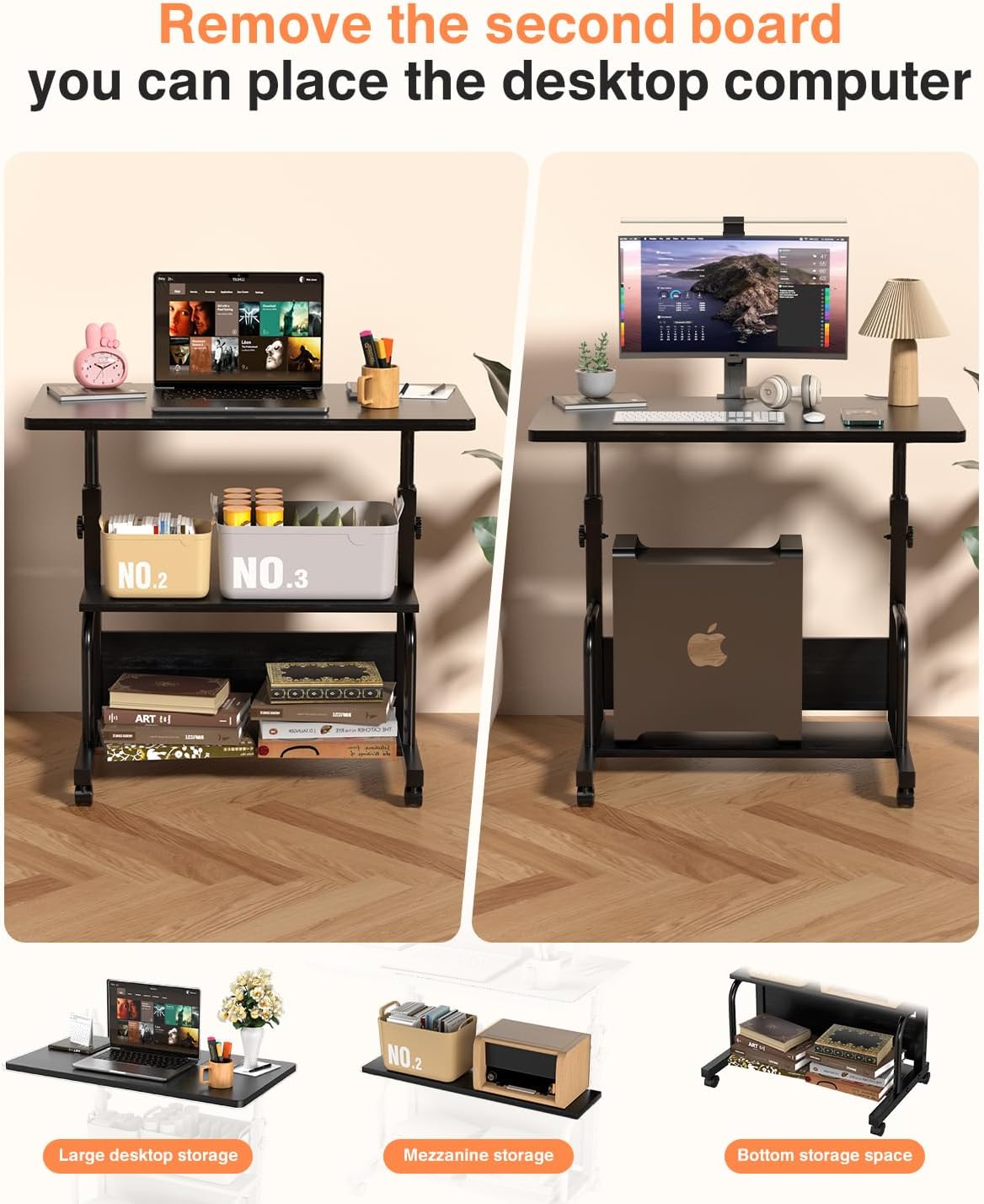 Portable Rolling Desk on Wheels Adjustable Height Desks for Small Spaces, 32" Computer Desk with Storage Shelves for Home Office Black