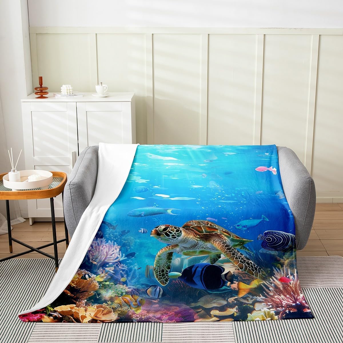 Erosebridal Sea Turtle & Shark All Season Fleece Blanket - Queen Size, Ocean Animals Fishes Fuzzy Blanket for Sofa, Bed, Couch Decor
