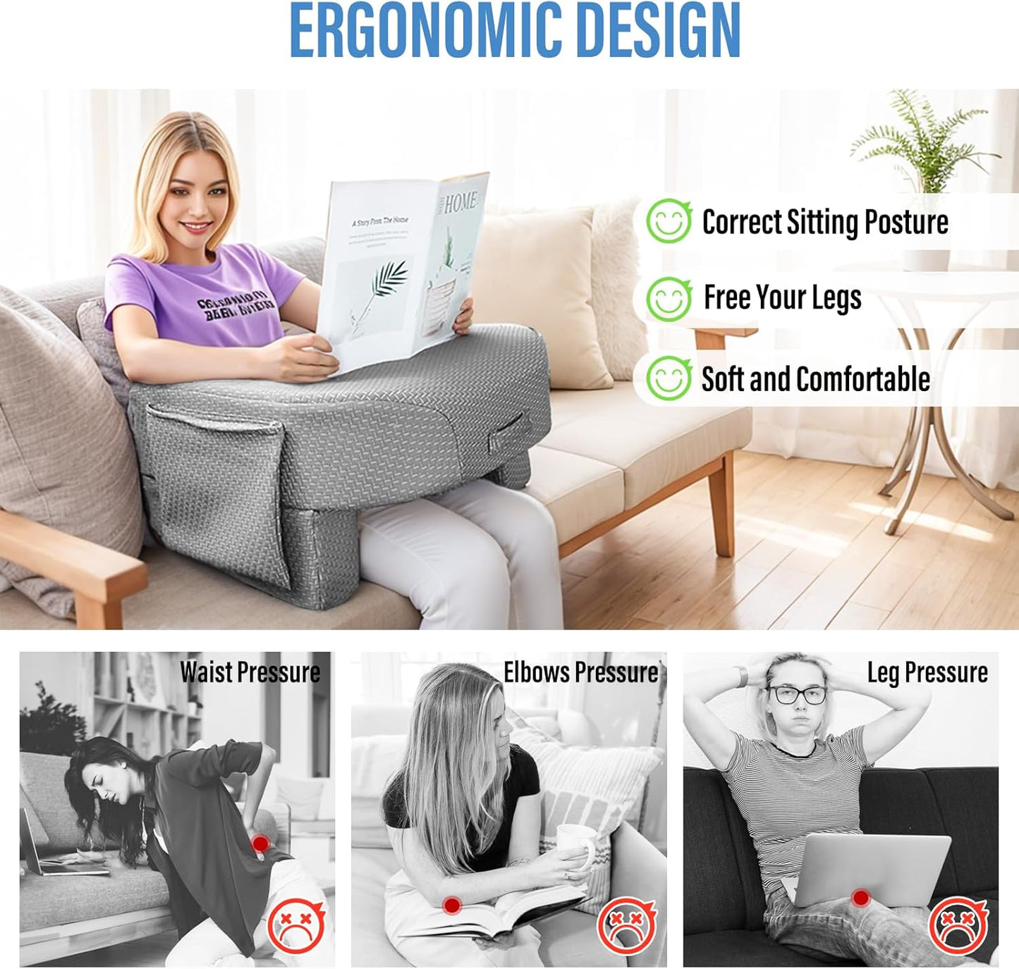 LEBENGURU Reading Pillow for Laptop, Extra Large Armrest Gaming Pillow for Working, Hight Adjustable Lap Desk Pillow for Adult Sitting in Bed, Floor, Sofa