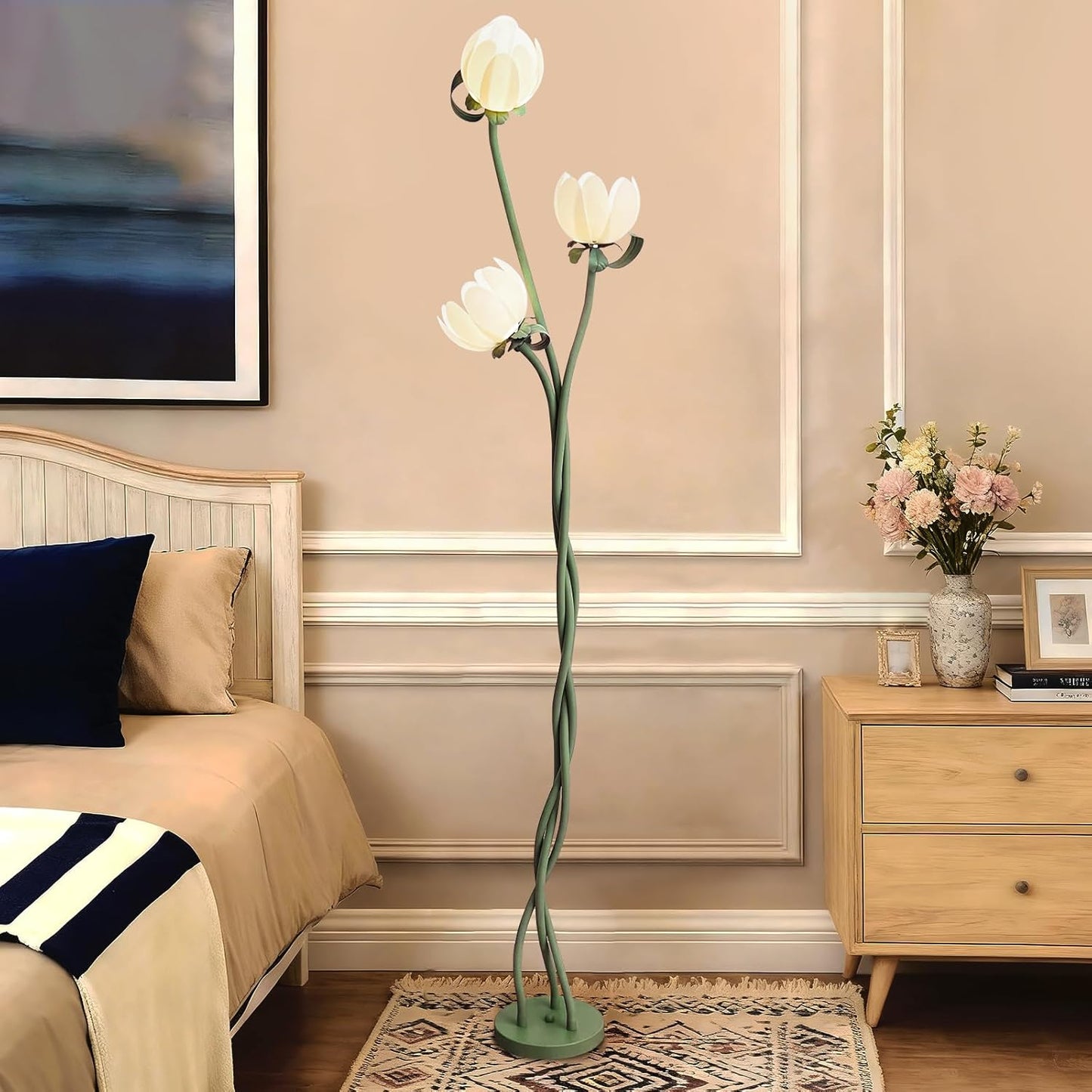 Vintage Floral Floor Lamp with 3 Adjustable LED Heads, Green Standing Lotus Light for Living Room Bedroom, 67" Tall Artistic Metal Lamp with Petal Shades, Foot Switch, LED Bulbs Included