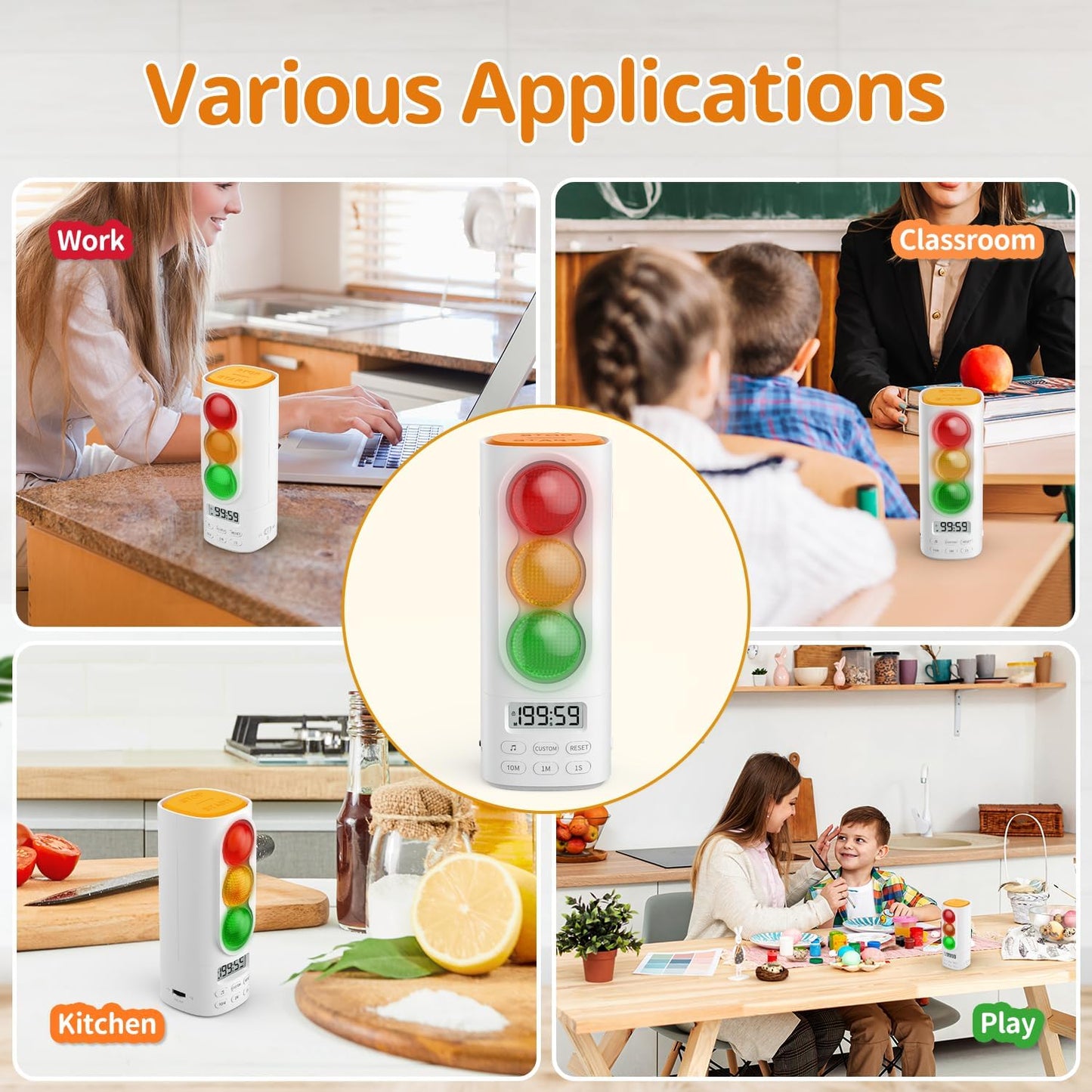 Traffic Light Visual Timer&ADHD Tool for Kids Adults Display Volume Adjustment, with 4 Ringtones for Classroom Desk Home Kitchen Game Countdown Pause Memory Function Charger Type C Included