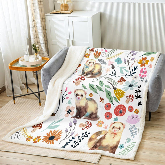 Erosebridal Kawaii Ferret Blanket Mushroom Floral Throw Blanket 90"x90",Cartoon Animal Fleece Blanket Watercolor Flowers Leaves Bed Blanket,Cute Bed Chair Sofa Decor
