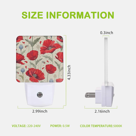 Red Poppy Flowers Night Light,Plug-in Nightlights with Light Sensors for Boys Girls,Dusk to Dawn Sensor Wall Lamp for Stairway/Hallway/Kitchen