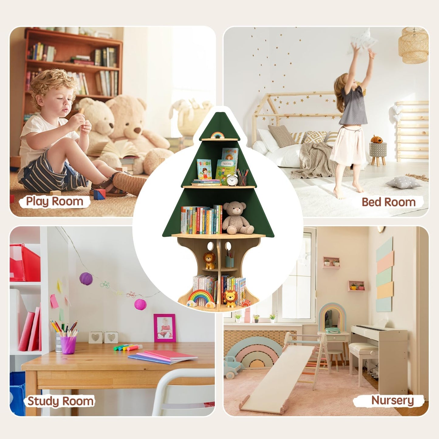 Bookshelf for Kids, Children Tree-Bookshelf, Space-Saving Montessori Toddler Corner Bookcase for Nursery, Kindergarten, Kids Rooms