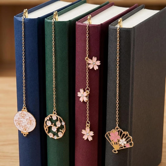 Metal Bookmarks for Women, Cute Japanese Cherry Blossom Bookmark Set of 4 with Chain, Pretty Floral Book Marks, Fancy Reading Accessories and Bookish Gifts for Book Lovers