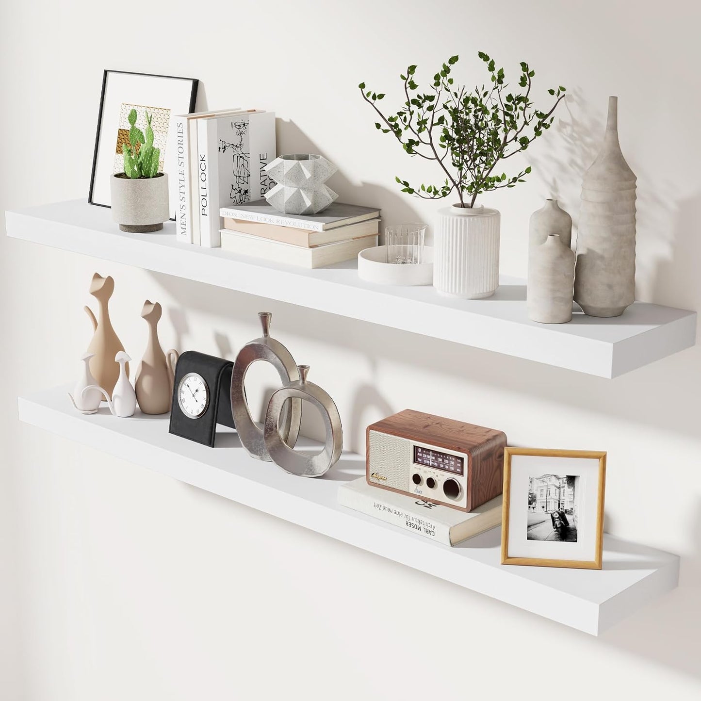 fuqing White Floating Shelves 48 Inch Set of 2, Solid Wood Wall Mounted Shelves 48 Inches Long, Modern Floating Shelves for Bedroom Living Room Bathroom - White