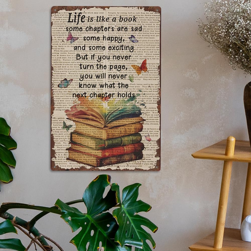 SUPERDANT Life is Like A Book Tin Signs Books Butterfly Metal Tin Sign Poster Motivational Text Vintage Art Decor for Classroom Library Cafe Coffee Bar Reading Room Plaque Home Bedroom Wall Decoration