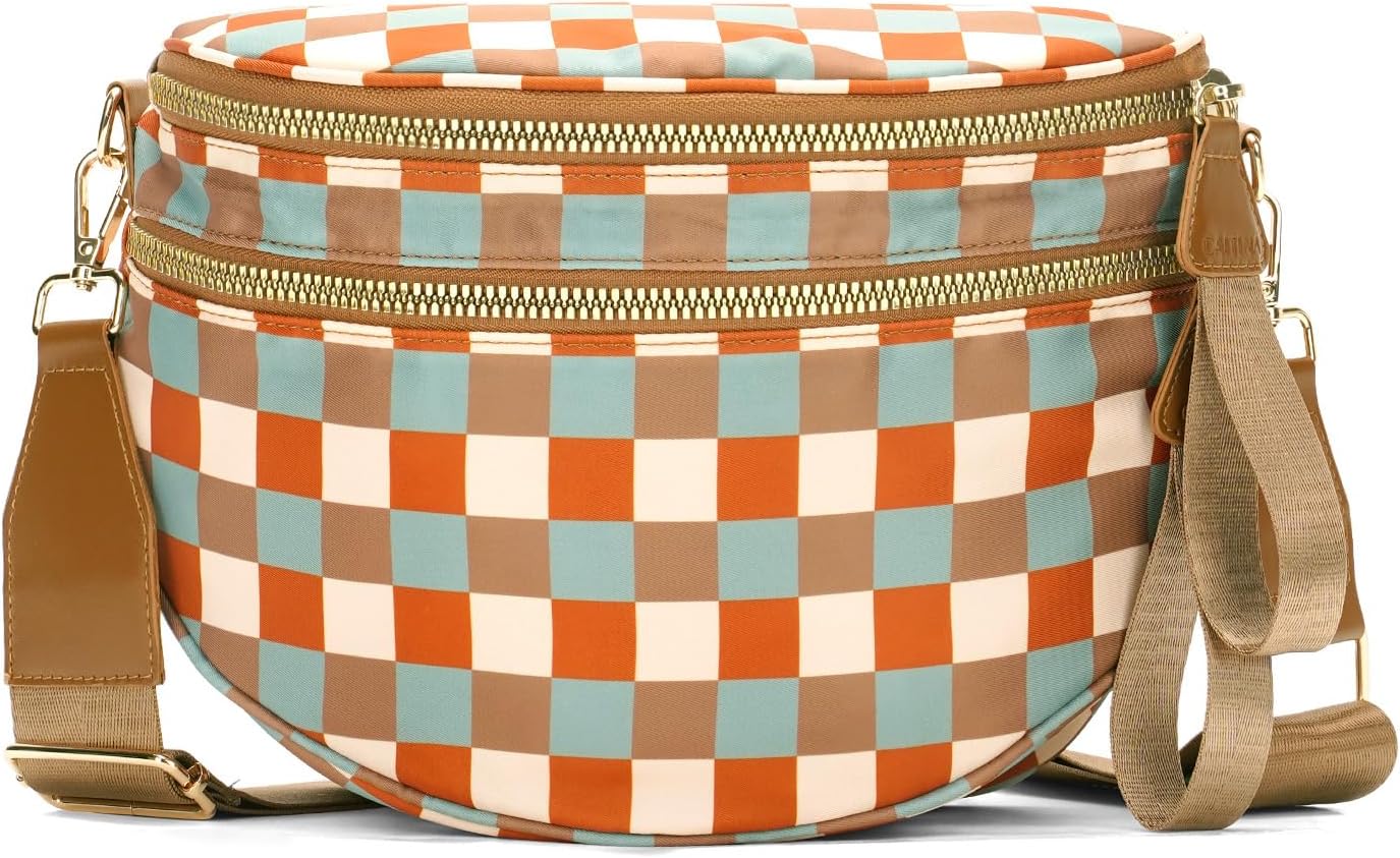 Checkered Crossbody Bag Nylon Bum Bags for Women Spacious Handbags Checkered Purse Fanny Packs with Shoulder Strap