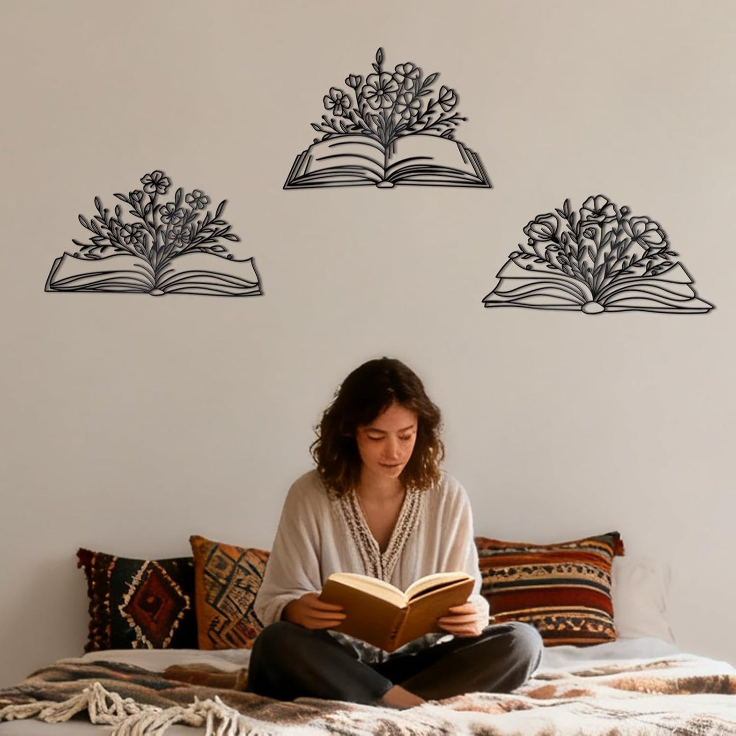 Zzbakress 3 Pcs Book Wall Decor Metal Flower Wall Art, Library Decor Hanging Sculpture, Reading Nook Silhouette Wall Hanging for Home Office Reading Room Teacher Gift (Elegant)