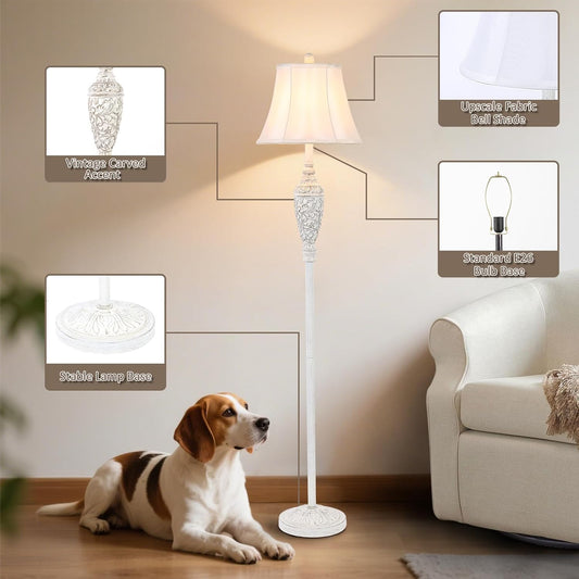 65’’ Vintage Floor Lamp for Living Room, Traditional White Standing Lamp with Carved Resin Base and Foot Switch, Classic Farmhouse Tall Pole Lamp, Bedroom, Office