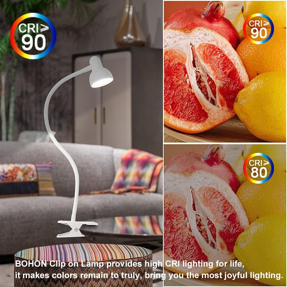 Clip on Light Reading Lamp 3000-6500K 10-Levels Brightness Clamp Light Eye Protection LED Desk Lamp 360° Flexible Gooseneck Book Light for Bed Bedside Headboard Home Office (White&Black)