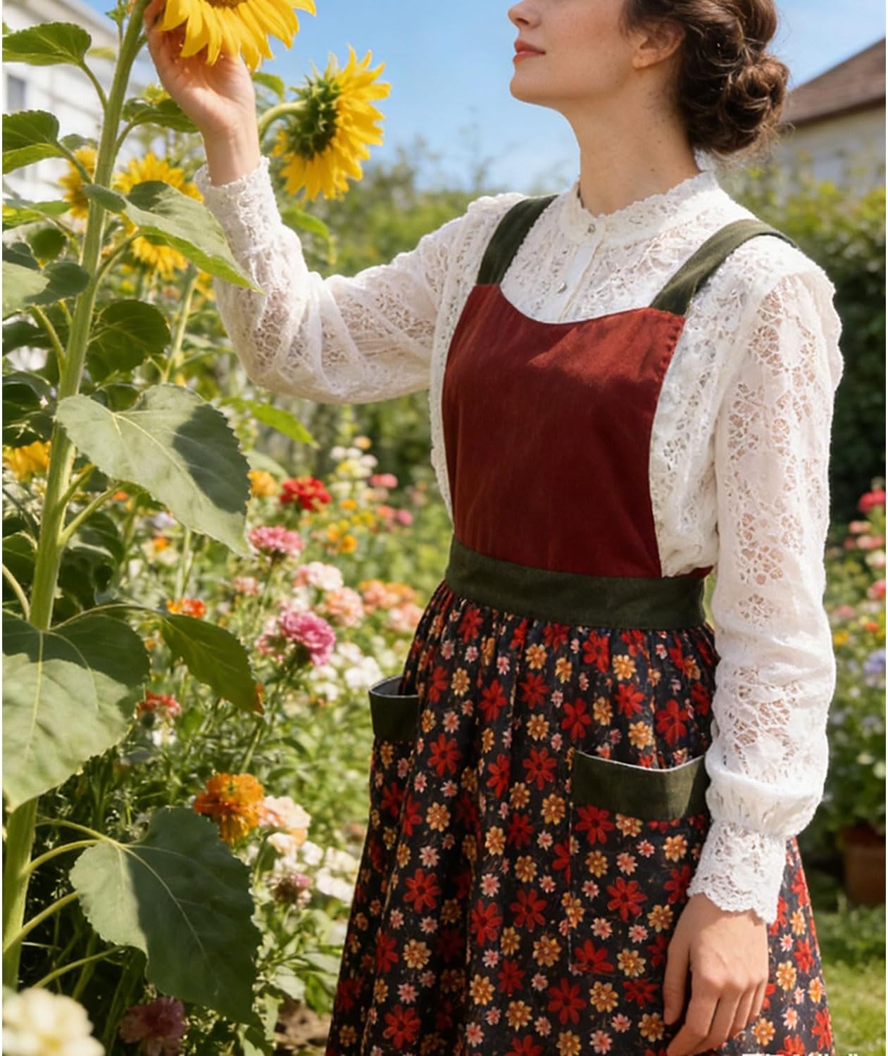 Uaussi Pinafore Apron Dress for Women Adjustable Floral Work Aprons for Kitchen Cooking Baking Gardening with Pockets
