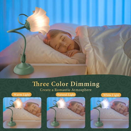FVTLED Cute Flower Table Lamp, Bedside Vintage Flower Lamp with LED Bulb, 3 Colors Temperature Flower Lamp for Bedroom Living Room Bedside Desk Reading Lighting Table Lamps Home Decoration(Green)