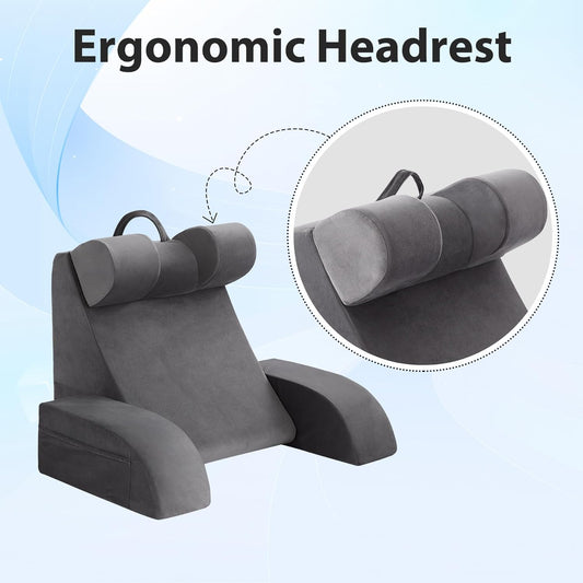 Reading Pillow for Sitting in Bed Adult, Back Pillow for Bed Sitting up, Backrest Pillow with Arms, Back Support Pillows for Gaming Lounging Watching TV, Large 21" Grey
