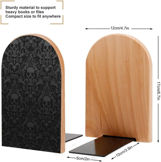 Gothic-Wallpaper-for-Walls-Skull-Damask Wooden Bookend Non-Slip Book Ends Heavy Duty Book Stopper with Metal Base Books Holderd Decorative Bookends Stands Firmly for Office Supplies