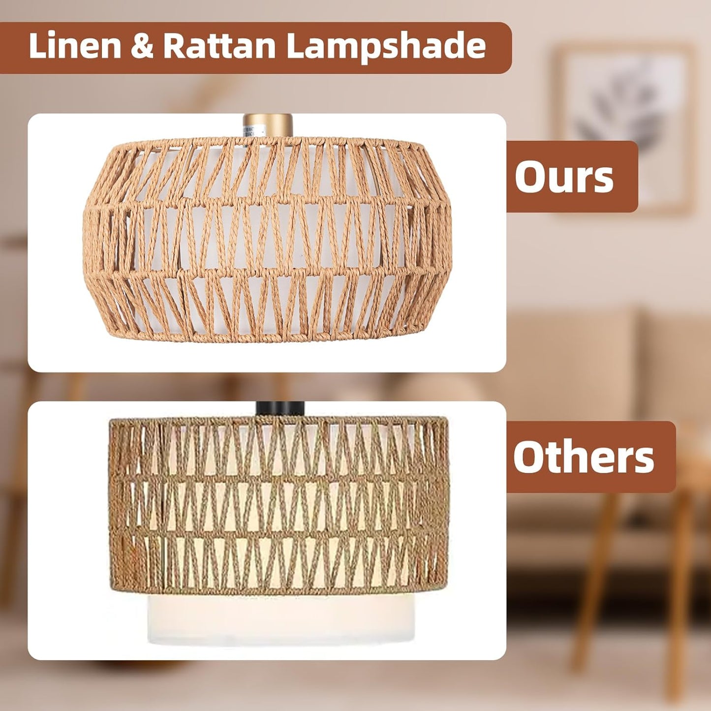 Boho Gold Floor Lamp- Rattan Lamp with Stepless Dimmable Bulb, Mid Century Modern Floor Lamp with 2 in 1 Lampshades, Bohemian Gold Tall Lamp for Living Room, Office, Classroom