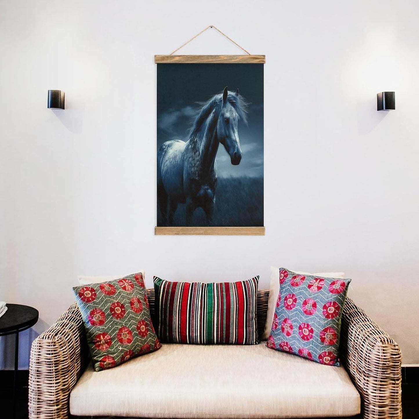 Vintage Blue Horse Poster with Wooden Frame Personalized Linen Hanging Scroll Painting Rustic Wall Hanging Illustrative Modern Artwork Decor for Home Living Room Bedroom Office
