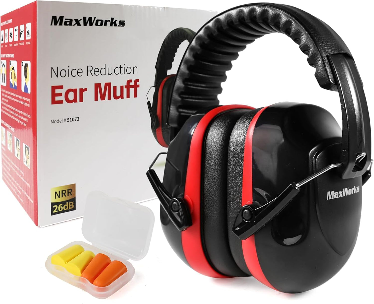 MaxWorks 51201 Noise Reduction Ear Muffs – NRR 26dB ANSI-Certified Hearing Protection, Adjustable & Foldable Design for Shooting, Mowing, Construction, and More - 3 Pairs