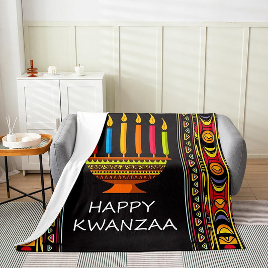 Happy Kwanzaa Sherpa Blanket Throw Size Kinara Set for Bed Couch Unity Cup Warm Soft Fleece Rustic Aztec Geometric Flannel Black Candle Holder
