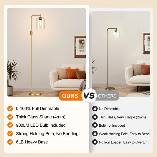 【Upgraded】Dimmable Gold Floor Lamp for Living Room with Clear Glass Lampshade, Glass Modern Floor Lamp with 900LM Edison Bulb Included, Standing Tall Lamp for Bedroom, Office, Reading Room, Corner