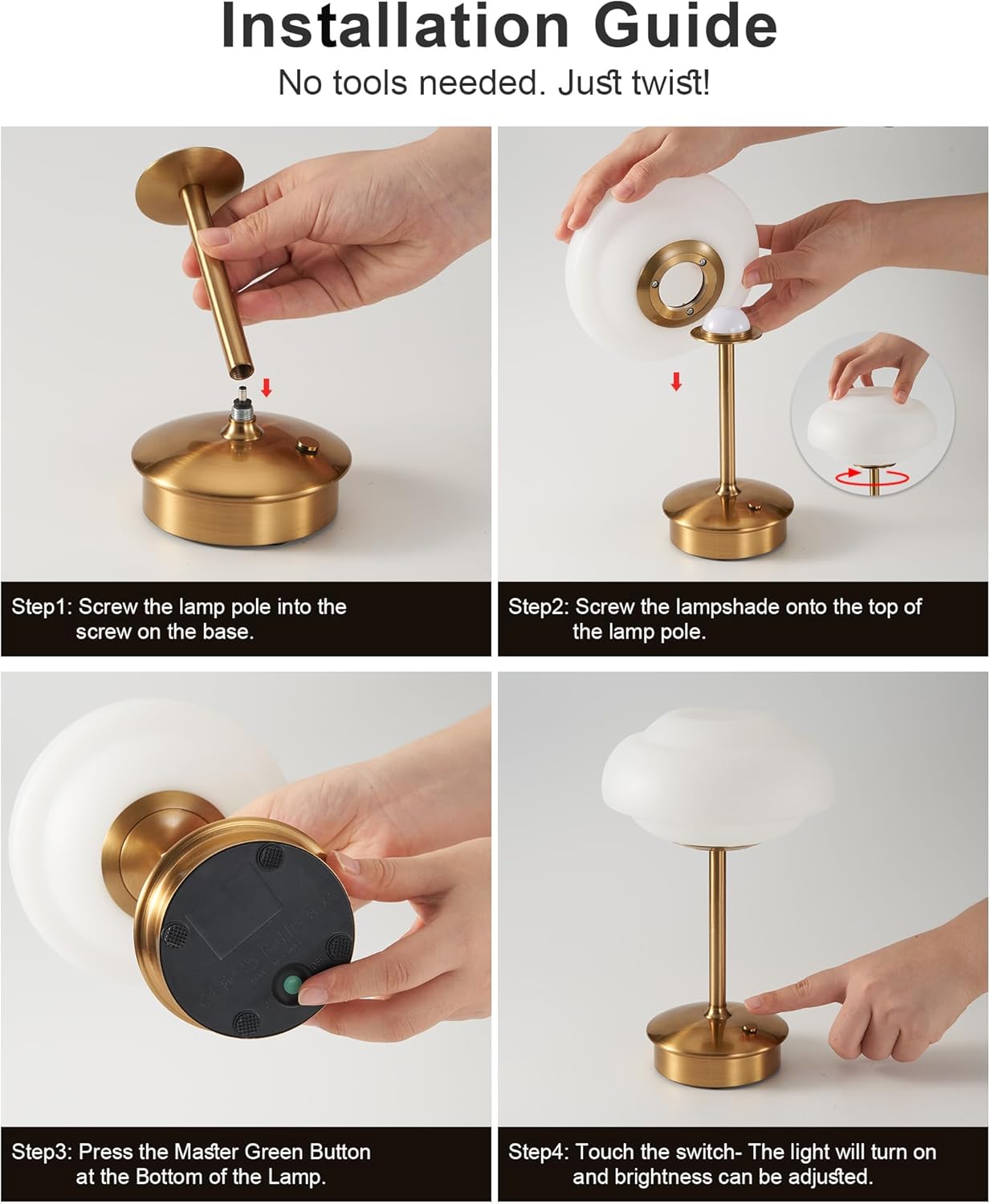 9" Mini Cordless Table Lamp with Cloud-Shaped, Small Rechargeable Battery Operated Lamps, 3-Way Touch Dimmer, Portable Brass Bedside Night Light for Restaurant Dining Kitchen Bathroom Patio Side Table