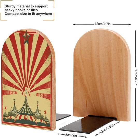 Vintage Circus Background Wooden Bookend Non-Slip Book Ends Heavy Duty Book Stopper with Metal Base Books Holderd Decorative Bookends Stands Firmly for Office Supplies