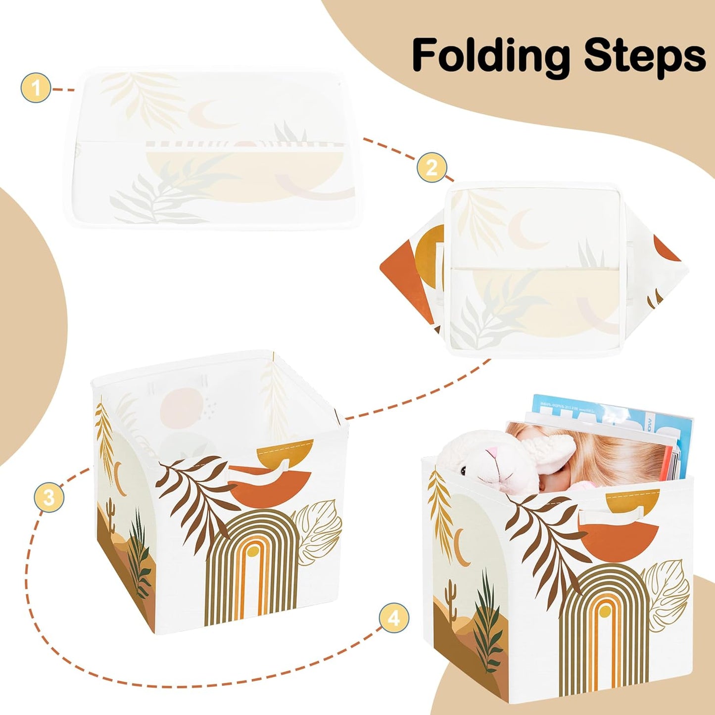 11.8" Boho Leaves Storage Cube Organizer Mid Century Modern Clothes Storage Basket Bin for Closet Shelf Art Abstract Geometry Nursery Kid Room Book Toy Chest, 3Pcs