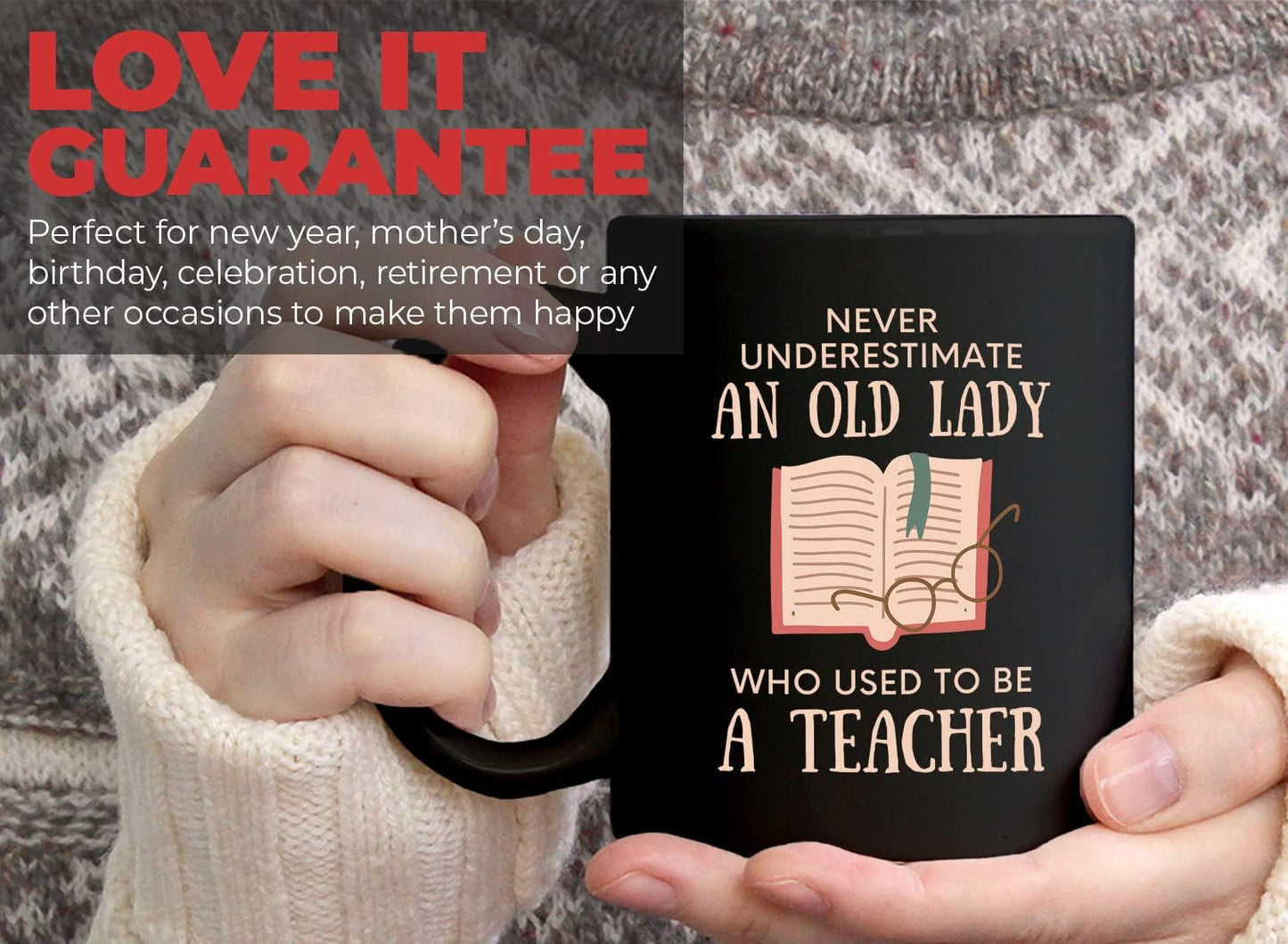 Bubble Hugs Book Lover Coffee Mug 11oz Black - Never Underestimate Old Lady - Reading Reader Grandma Retired Teacher Book Lover Bookish Novelist Librarian Writer
