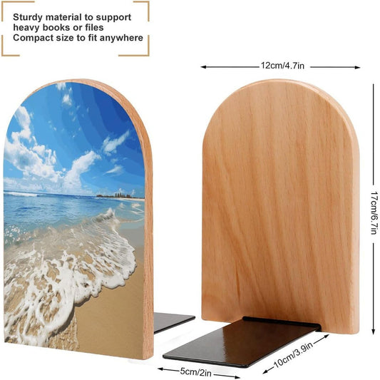 Sea and Beach Wooden Bookend Non-Slip Book Ends Heavy Duty Book Stopper with Metal Base Books Holderd Decorative Bookends Stands Firmly for Office Supplies