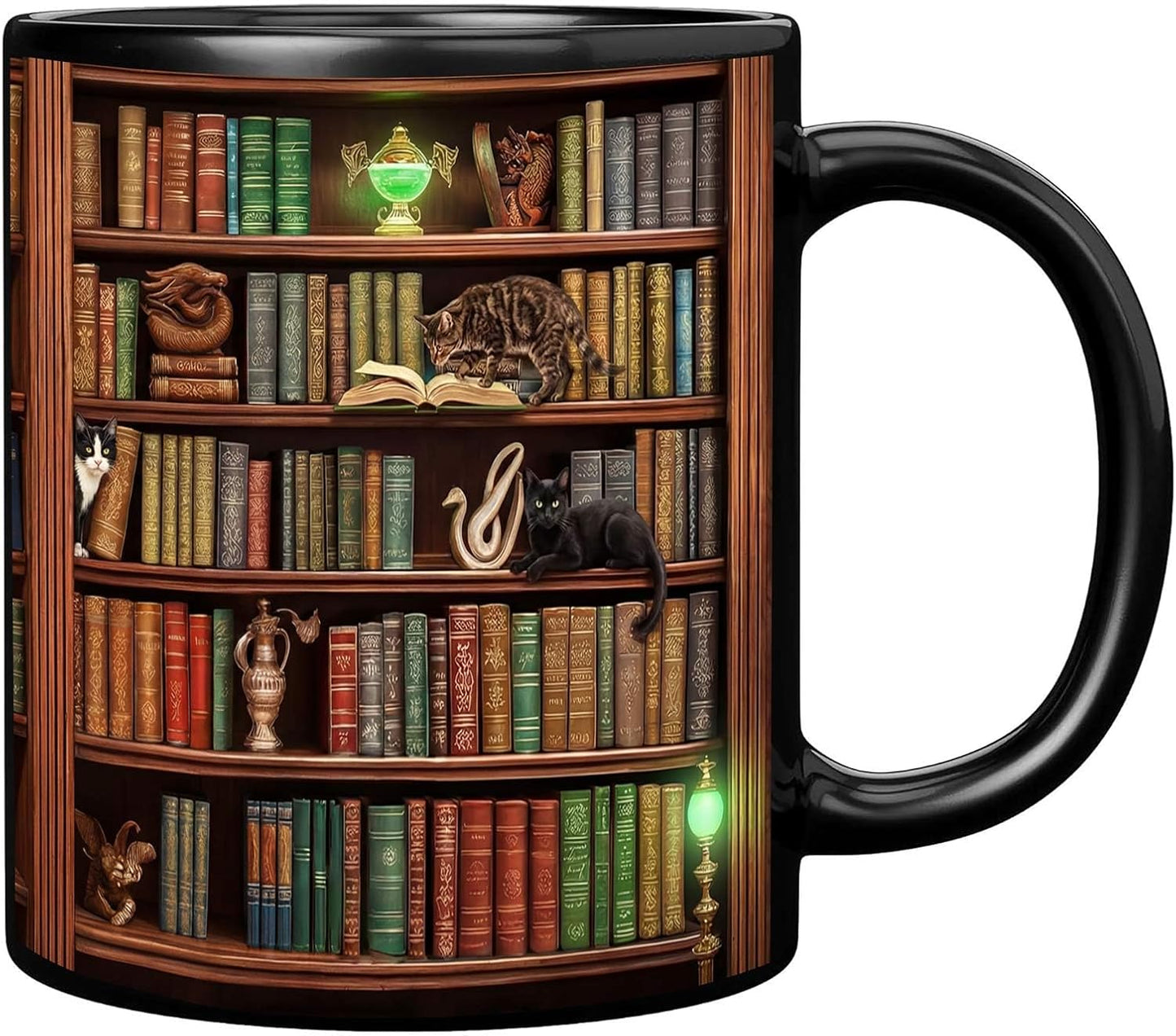 11 Oz Black Ceramic Coffee Mug For Book Lovers With Cat Library Artwork, Double Sided Print, Dishwasher And Microwave Safe