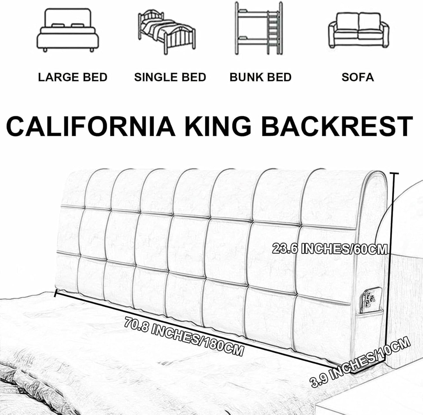 Rectangle Headboard Upholstered Bedside Support Cushion Large Backrest,Fleece Reading Pillow Wall Pillowboard Neck Lumbar Bedroom Daybed Bolster,Beige,Straps 35"/Single