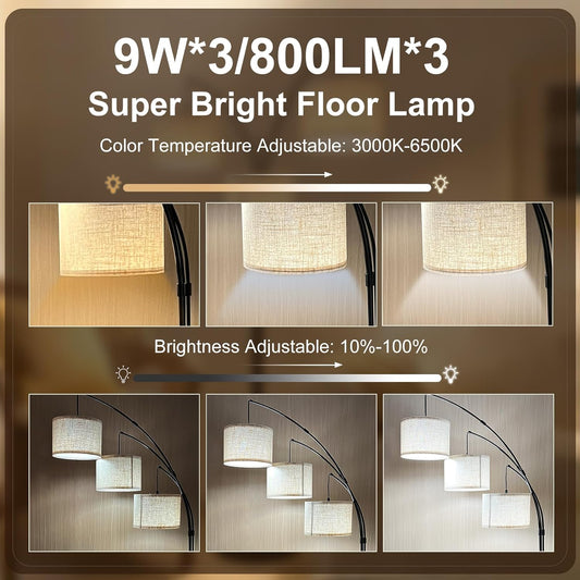 Dimmable Arc Floor Lamp, Gold Pole Standing Lamp with Linen Shade and Heavy Base, Remote Control with Stpeless Color Temperatures and Brightness for Bedroom, Office