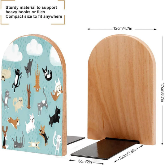 Rain Cat and Dog Wooden Bookend Non-Slip Book Ends Heavy Duty Book Stopper with Metal Base Books Holderd Decorative Bookends Stands Firmly for Office Supplies